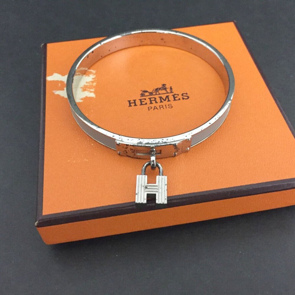 HERMES Kelly Cadena Silver Tone Bangle Bracelet /1F4252